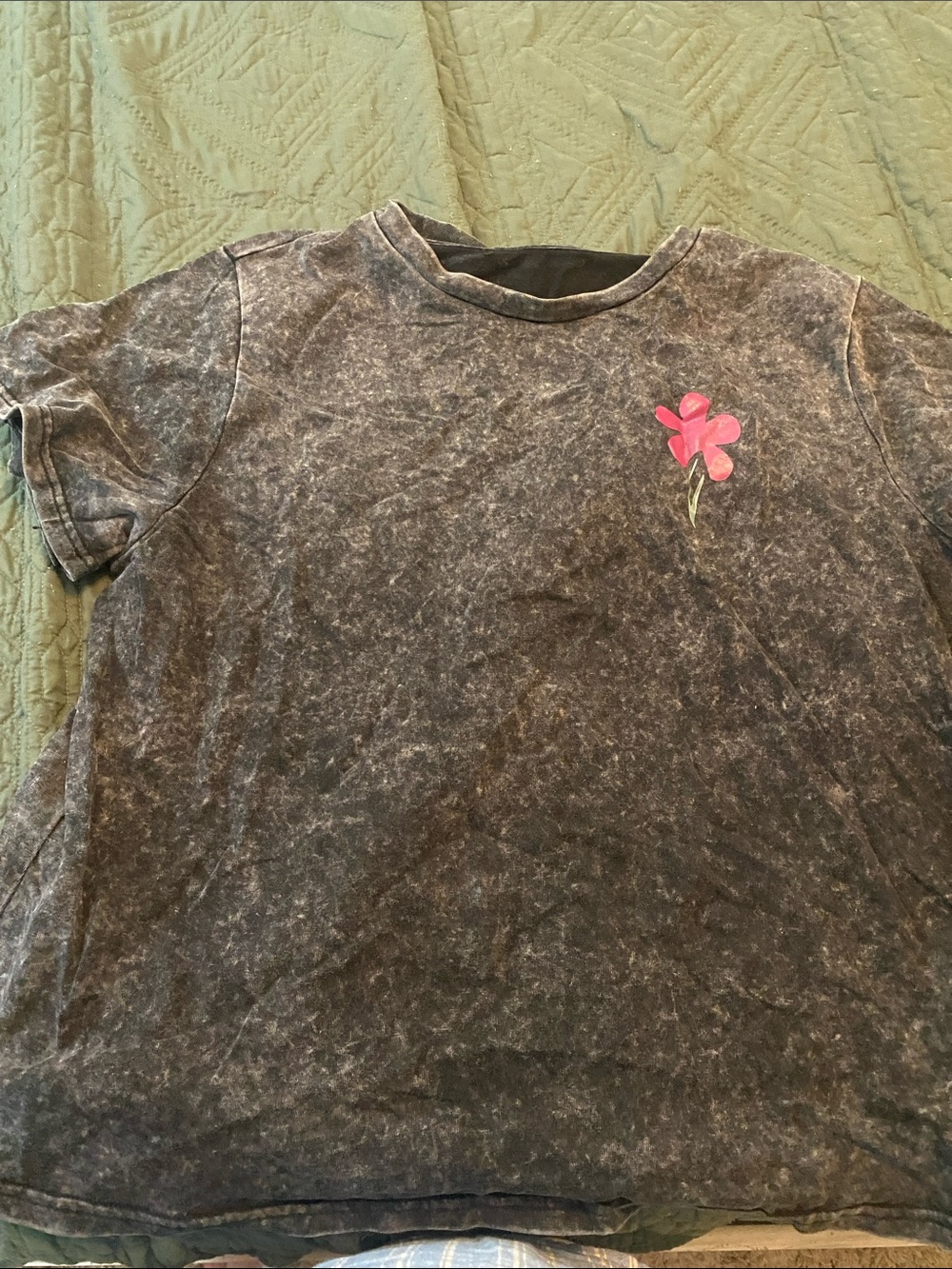 SHEIN Black Mineral-Wash Tee with Pink Flower